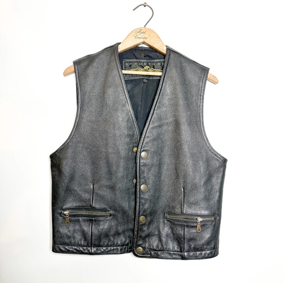 Vintage Structure Leather Vest with snap closure and Zipped Pockets | S - Picture 1 of 7